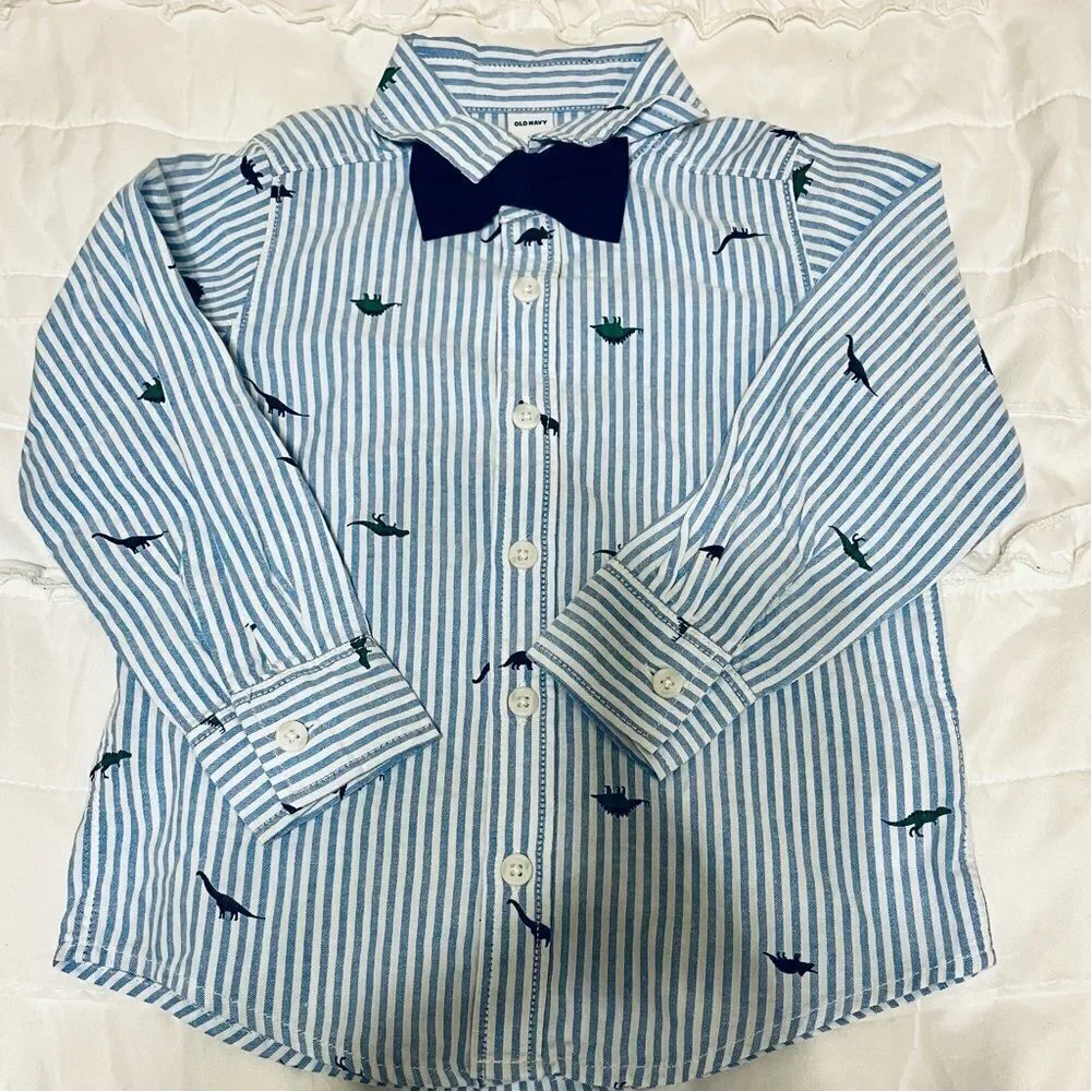 Old Navy Blue Striped Dino Dress Button Up Shirt Long Sleeve & Tie 3T Boys NWOT